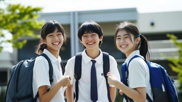 制服を着て笑顔で並ぶ3人の学生