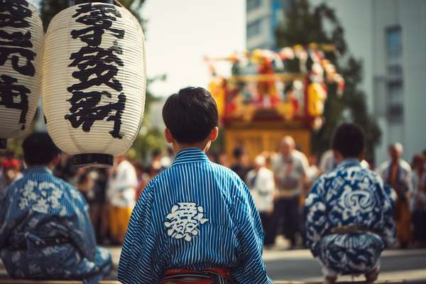 日本の祭りに参加する浴衣姿の少年