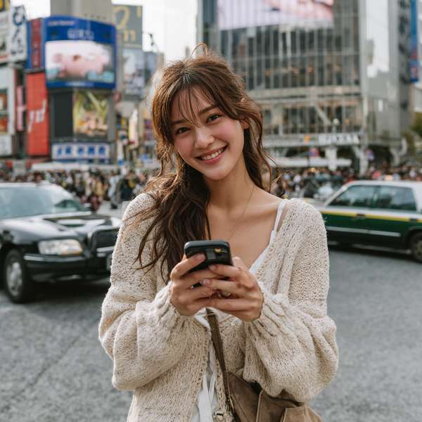 渋谷の街でスマホを見る笑顔の女性