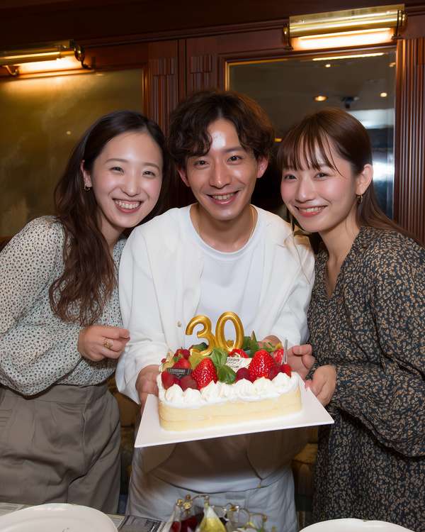 30歳の誕生日を祝う笑顔の友人たち