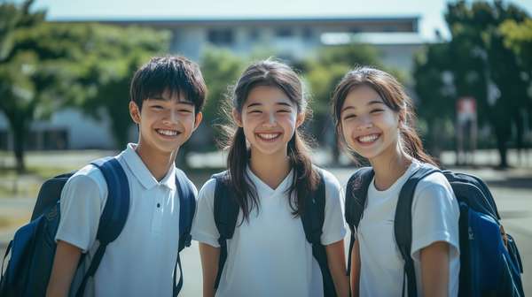 学校で笑顔を見せる仲の良い学生たち