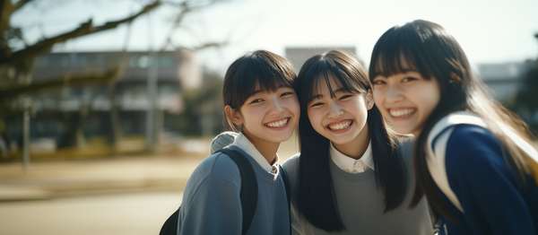 笑顔で寄り添う3人の女子学生
