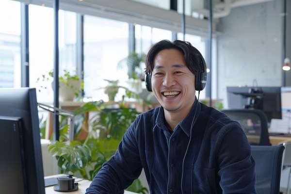 オフィスでヘッドセットをつけて笑顔で働く男性