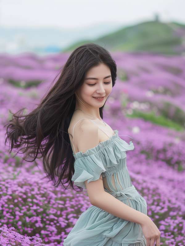 花畑で微笑む美しい女性