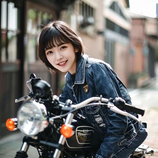 バイクに乗る笑顔の女性