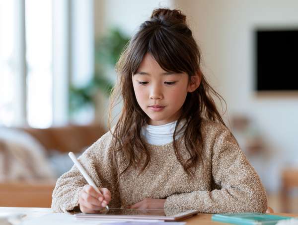 タブレットで学習するアジア人の女の子