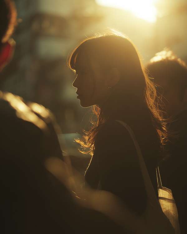 夕暮れ時に佇む女性の横顔シルエット