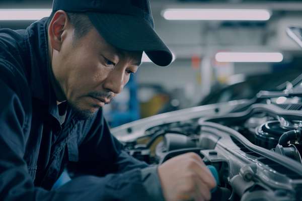 自動車整備工場で働く整備士