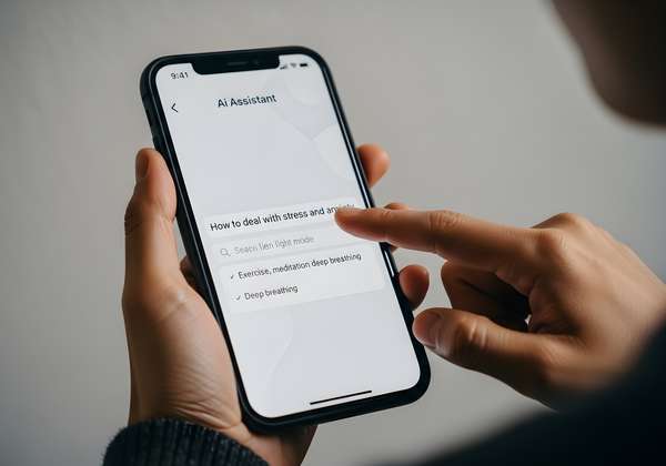 スマートフォンでストレス解消法を検索する人物