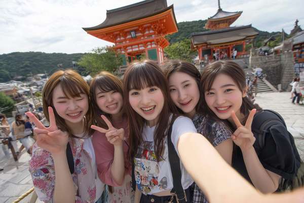 清水寺で楽しそうに自撮りをする友人グループ