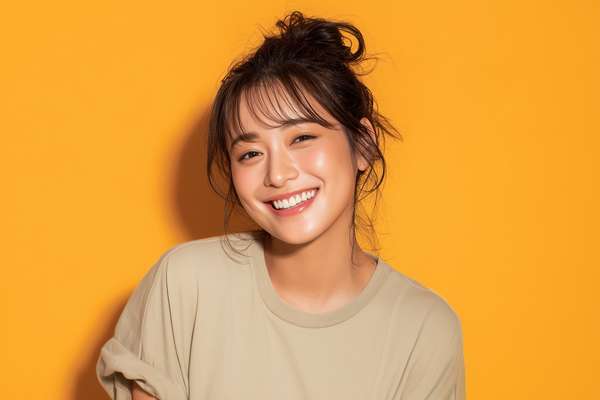 黄色い背景で笑顔を見せる女性