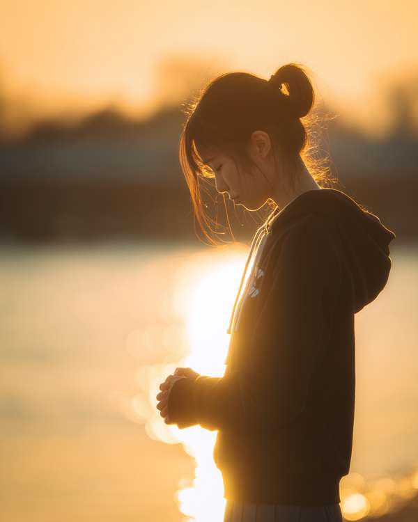 夕暮れ時に祈りを捧げる少女