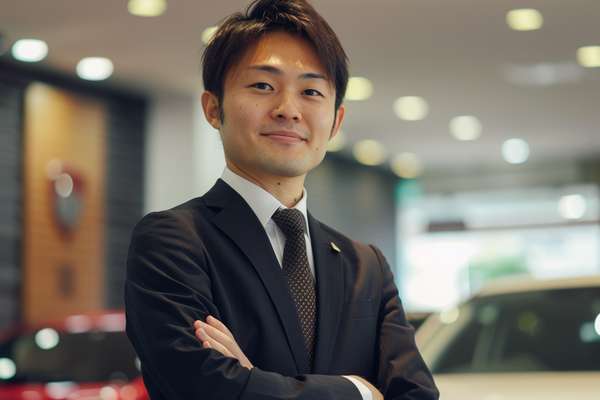 車のショールームで微笑む男性スタッフ