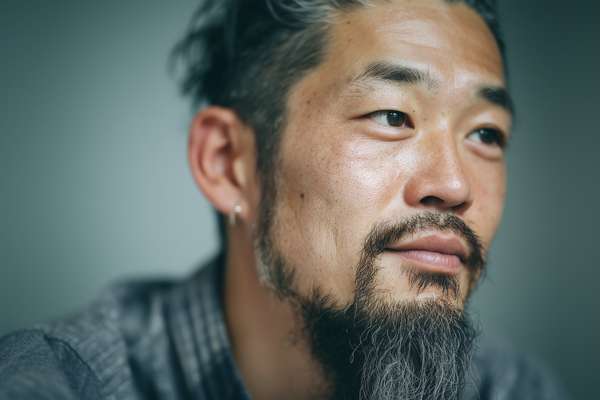 横を向いて穏やかな表情を見せる髭のある男性