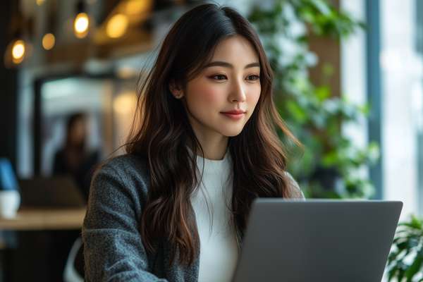 カフェでノートパソコンを操作するアジア人女性