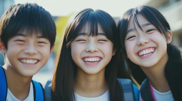 笑顔で仲良く並ぶ3人の学生たち