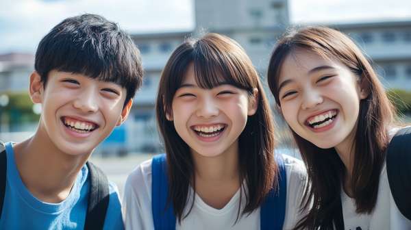 笑顔で仲良く並ぶ学生たち
