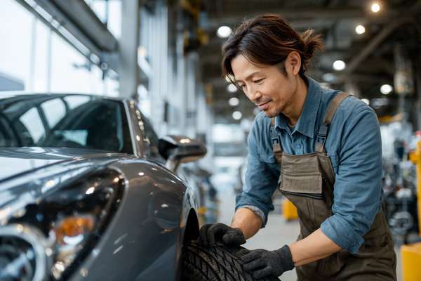 自動車整備工場でタイヤを点検する男性整備士
