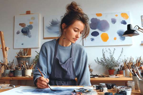 アトリエで絵画制作に没頭する女性アーティスト