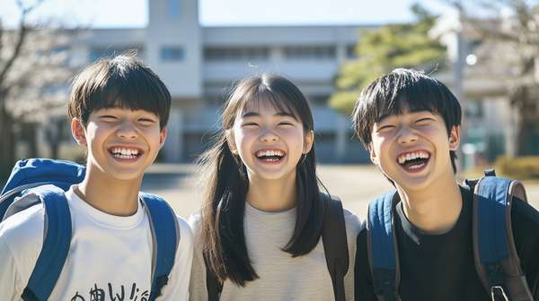 校庭で笑顔を見せる楽しそうな3人の学生