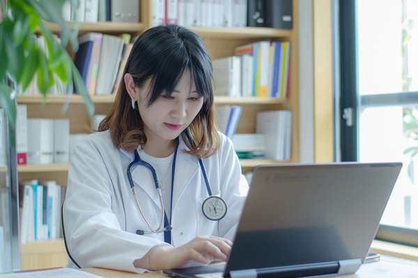 ノートパソコンで作業する女性医師