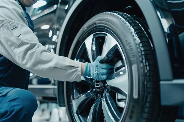 自動車整備工場でタイヤ交換作業を行う整備士