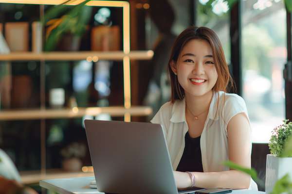 ノートパソコンで作業する笑顔の若い女性