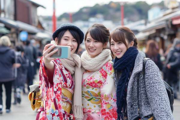 着物を着て観光地で自撮りを楽しむ3人の女性たち
