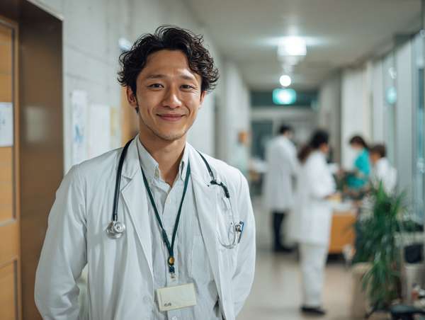 病院の廊下で微笑む若手男性医師