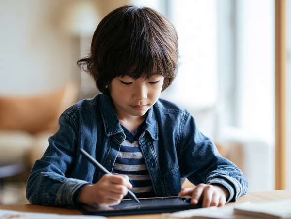 タブレットで学習する少年