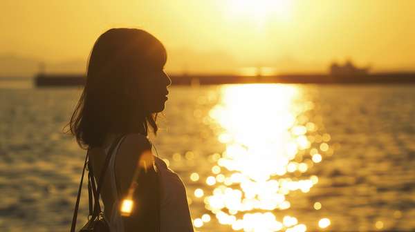 夕暮れの海辺に立つ女性のシルエット