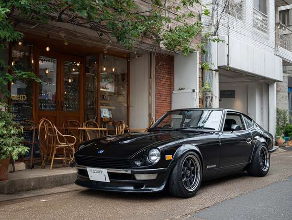 カフェの前に駐車されたカスタム仕様の旧車フェアレディZ