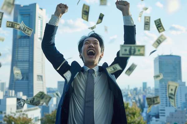 大金に囲まれて歓喜するビジネスマン