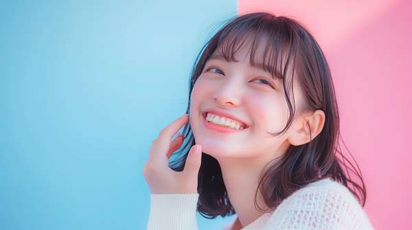 青とピンクの背景で笑顔を見せる若い女性
