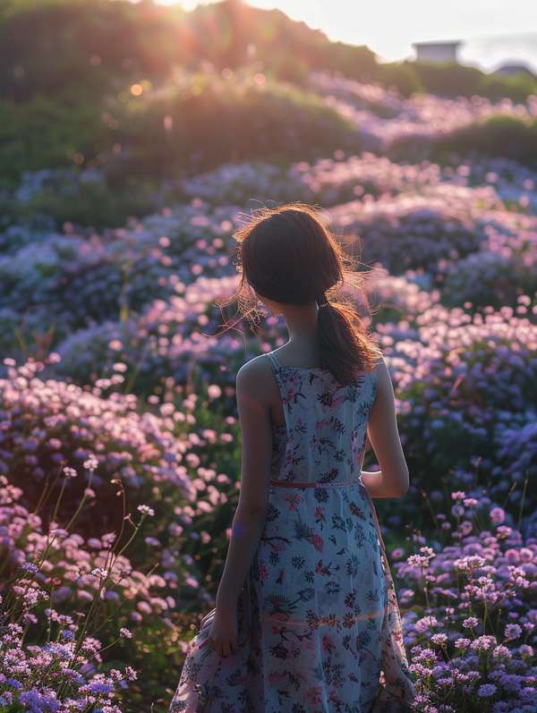 花畑で夕日に照らされる少女の後ろ姿