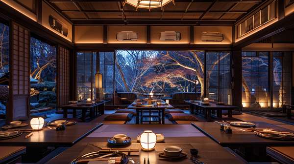 静寂に包まれた和風レストランの夜景