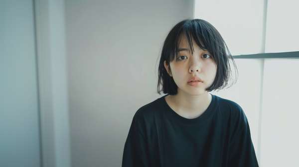 自然な表情でカメラを見つめるショートヘアの若い女性
