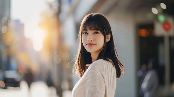 街角で微笑むナチュラルな雰囲気の若い女性