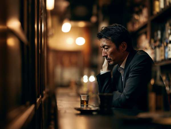 バーで一人酒を飲む疲れたビジネスマン
