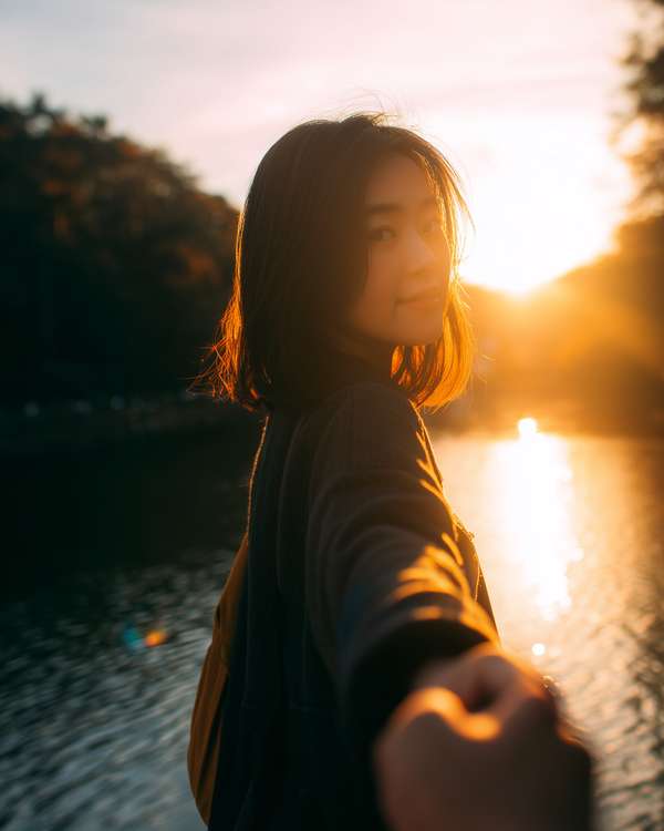 夕暮れ時に手を引く女性