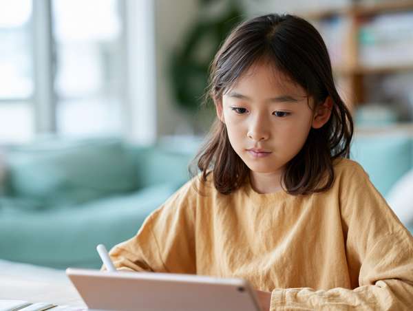 タブレットで学習する少女