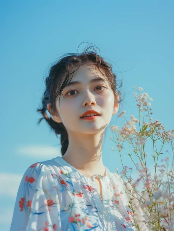 青空の下で花を持つ若い女性のポートレート