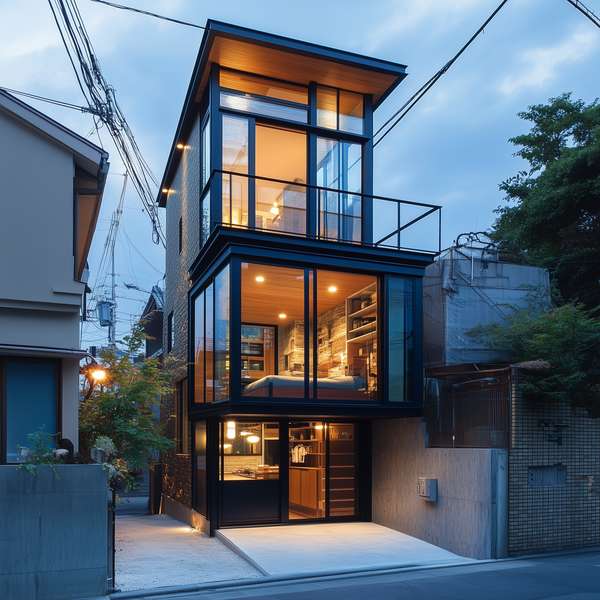 都会の夜に佇むモダンでスタイリッシュな狭小住宅