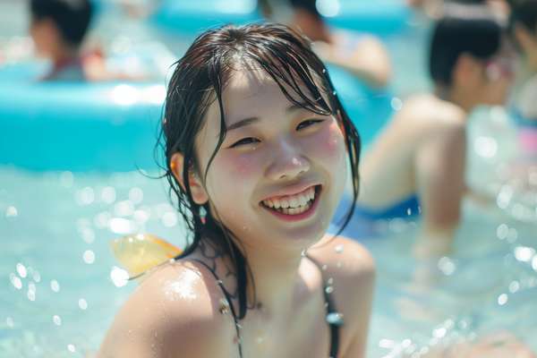 プールで笑顔を見せる若い女性