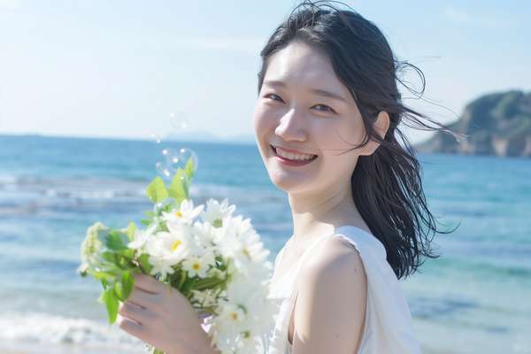 海辺で白い花束を持ち笑顔を見せる若い女性