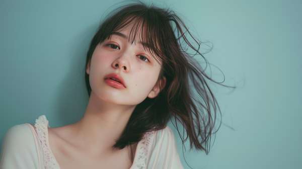 青い背景の前に立つ自然体な女性のポートレート