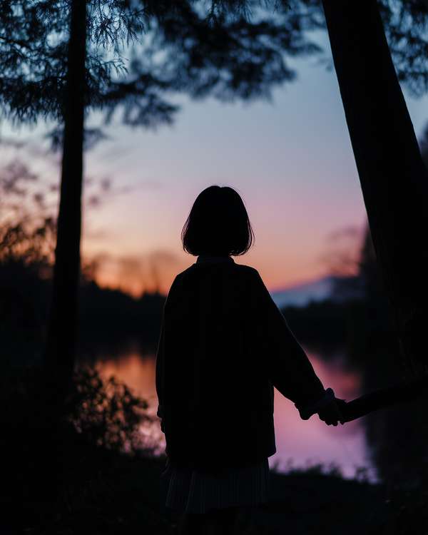 夕暮れ時に誰かと手をつなぐ少女のシルエット