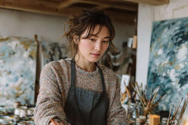 アトリエで制作に励む女性アーティスト