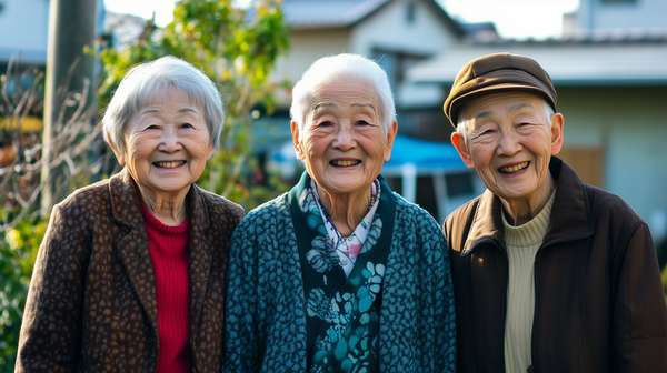 笑顔で寄り添う三人の高齢者