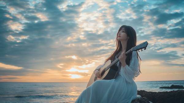 夕暮れの海辺でギターを奏でる女性